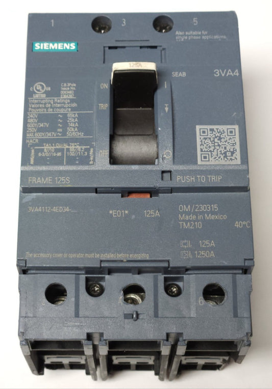 SIEMENS 3VA4112 4ED34 0AA0 3 Pole 125 AMP 3VA4 FRAME 125S Circuit Breaker