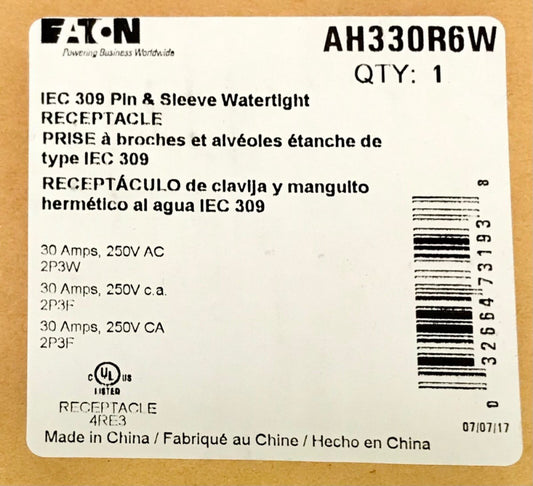 EATON ARROW HART AH330R6W IEC 309 Receptacle 30 AMP 250 VAC 2 Pole 3 Wire Water