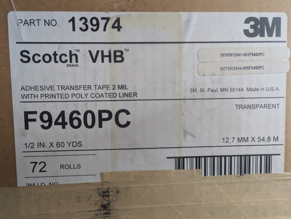 New, 3M, F9460PC, TAPE ADHSV TRNSFR CLR 1/2 INCH X 60YDS (13974)