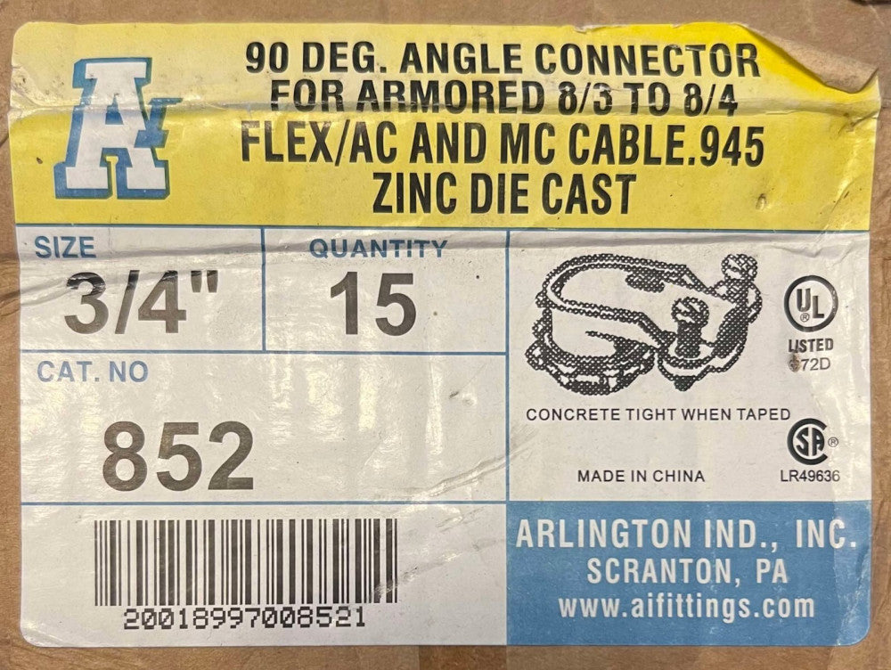 (BOX of 6) ARLINGTON 852 3/4" 90-Degree Angle Connector Flex AC & MC Cable .945