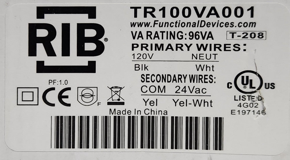 RIB TR100VA001 Control Transformer 96 VA 120 VAC Primary 24 VAC Secondary