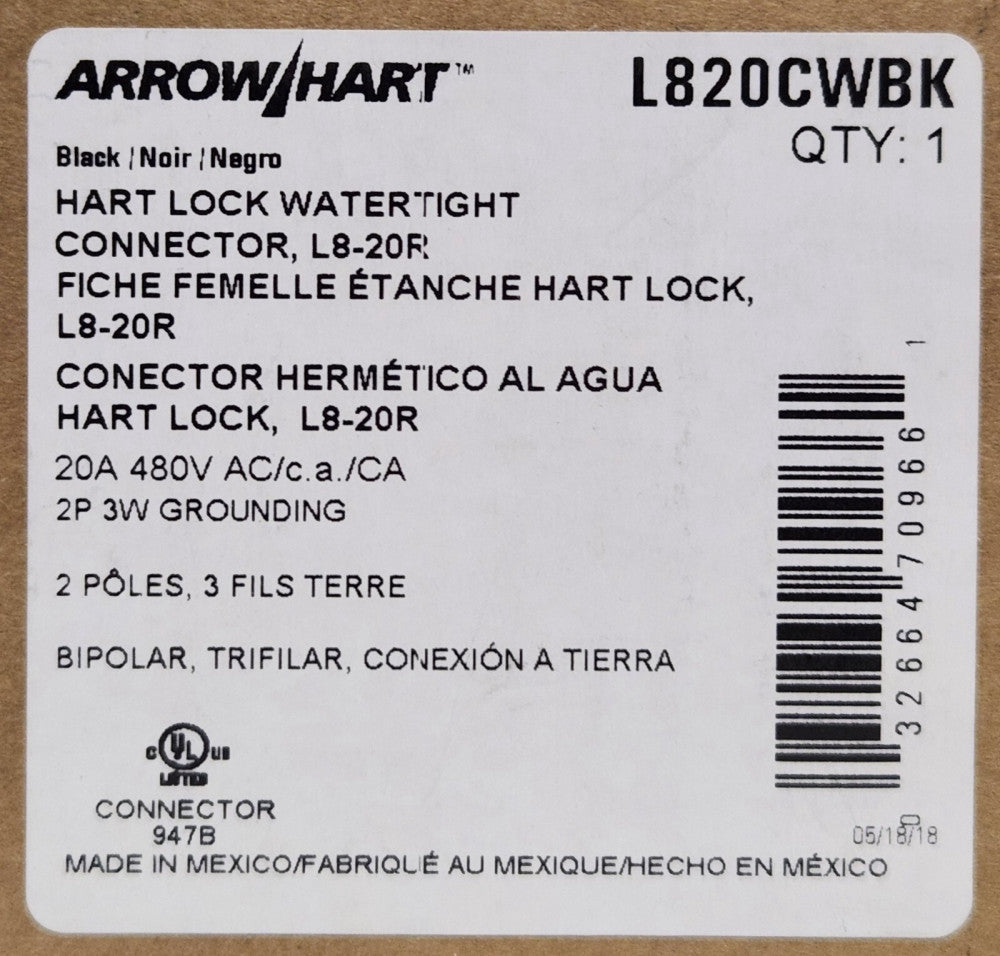 COOPER ARROW HART L820CWBK Hart Lock Watertight Connector L8-20R 20 AMP 480 VAC