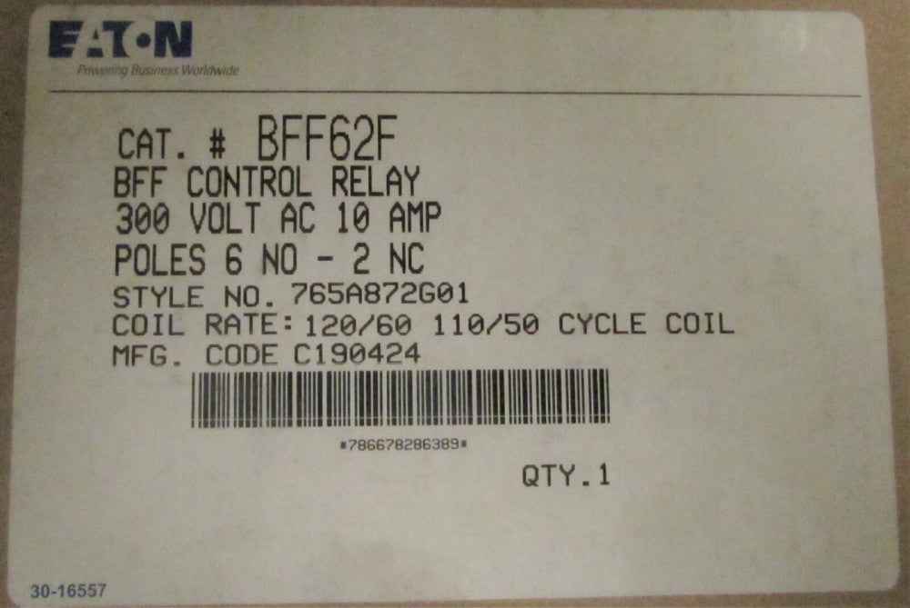 EATON CUTLER HAMMER BFF62F 300VAC 10AMP Control Relay 110 120v 765A872G01