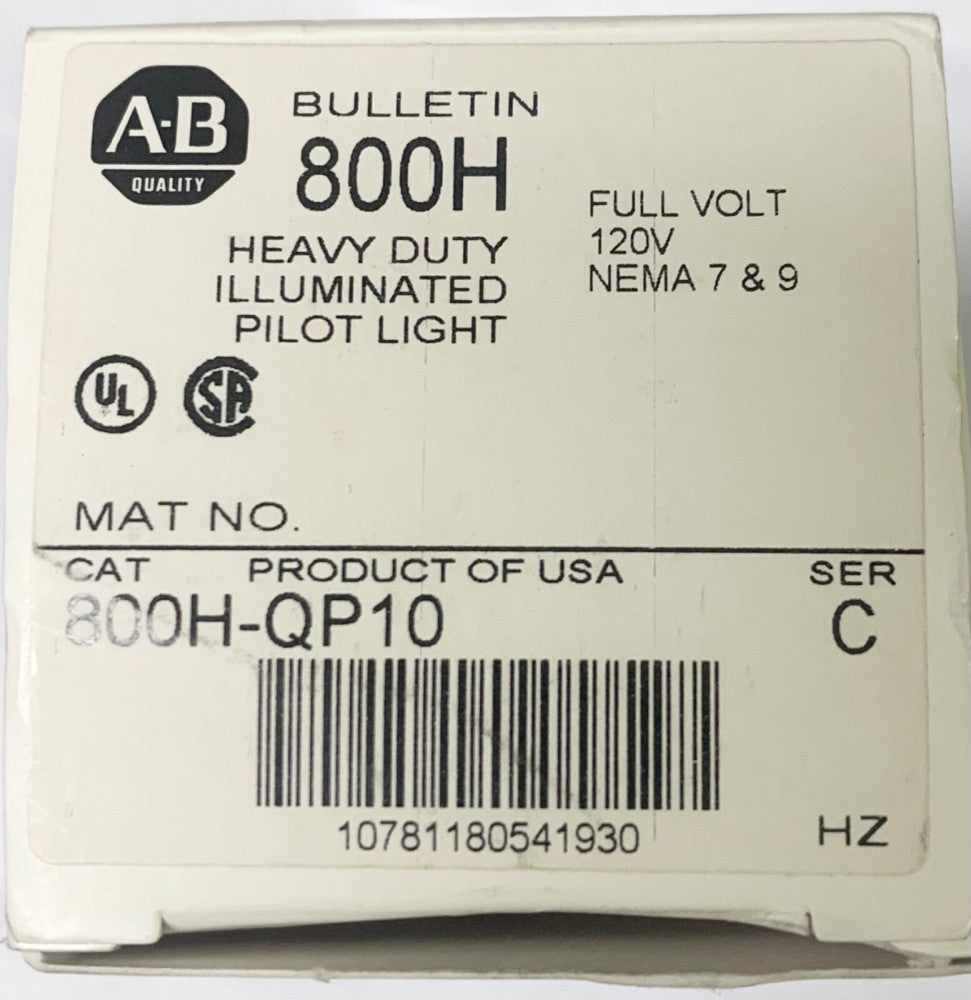 ALLEN BRADLEY 800H QP10 Heavy Duty Illuminated Pilot Light 120 VAC Nema 7 Nema9 