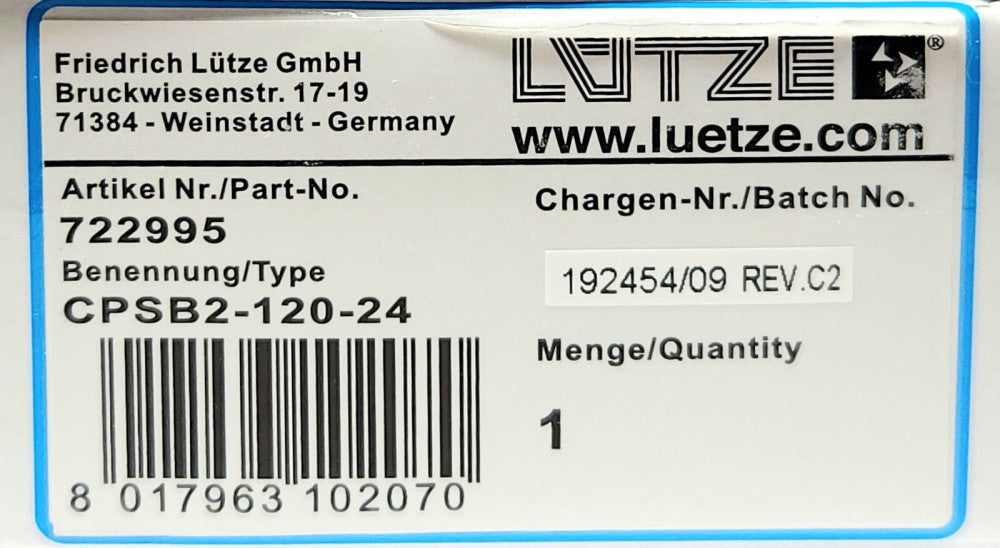 LUETZE CPSB2 120 24 POWER SUPPLY 722995 Input 200-500 VDC Output 24 VDC