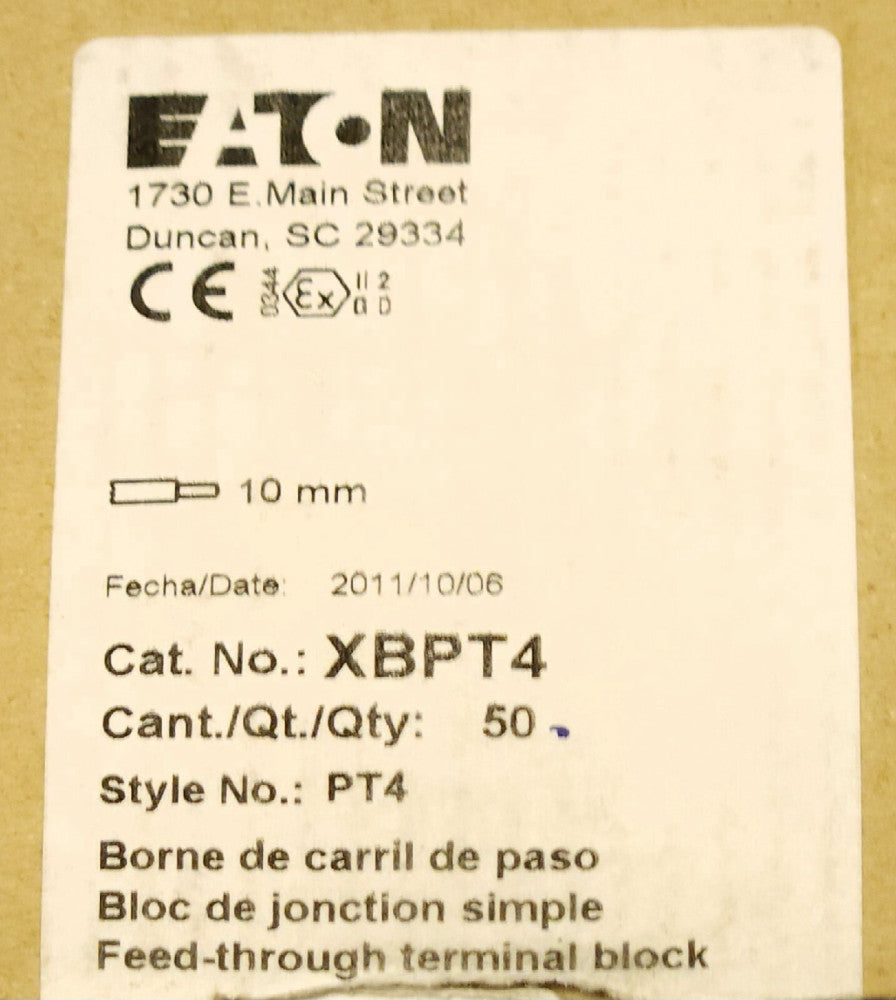 BOX OF 50 EATON XBPT4 Grey Terminal Block Type PT4 10mm 800 VAC 4mm² 600 VAC