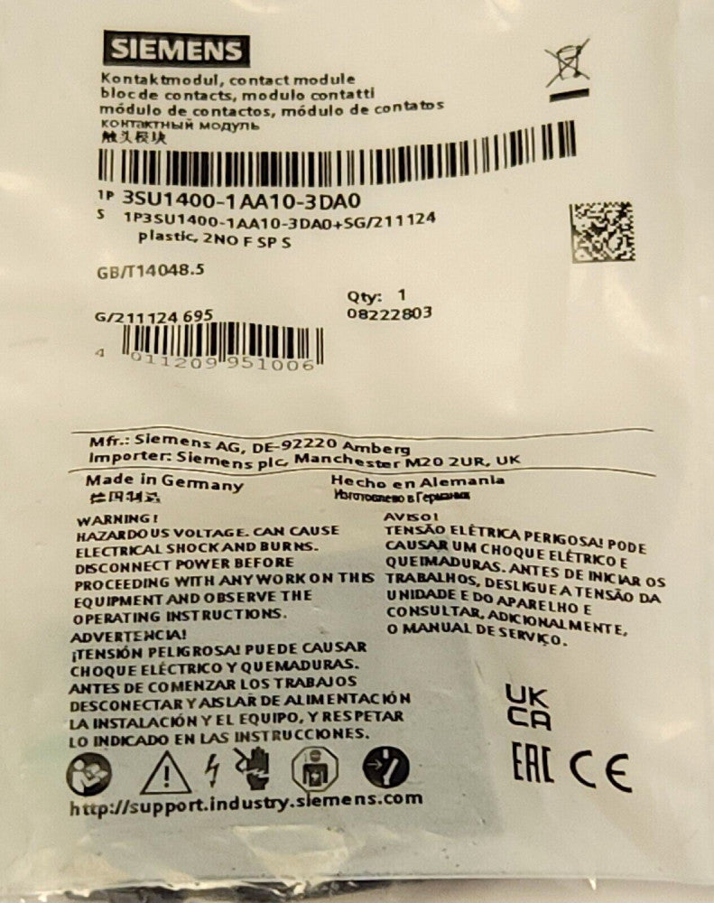 SIEMENS 3SU1400 1AA10 3DA0 Contact Block Module 2 NO F SP S for Pushbutton