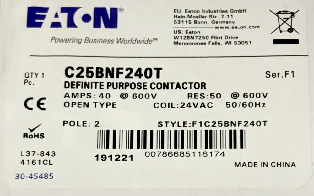 EATON C25BNF240T 2 Pole 24 VAC 40 AMP Definite Purpose Contactor 