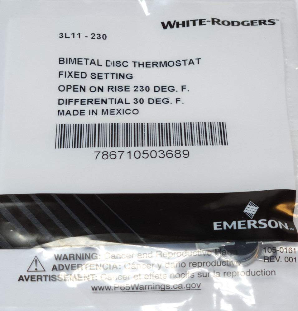 WHITE RODGERS 3L11-230 Bimetal Rise Thermostat Fixed Setting Open 230°
