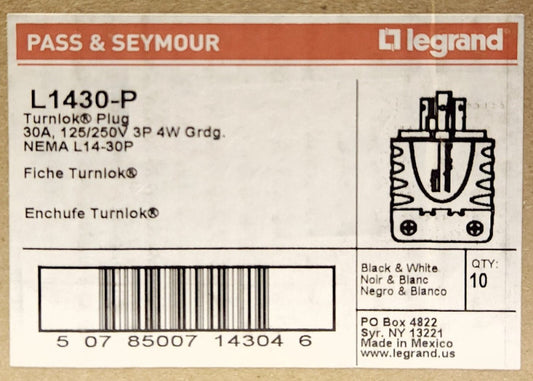 BOX OF 10 PASS & SEYMOUR LEGRAND L1430-P 30 AMP 125 250 VAC TURNLOK Plug L1430 P