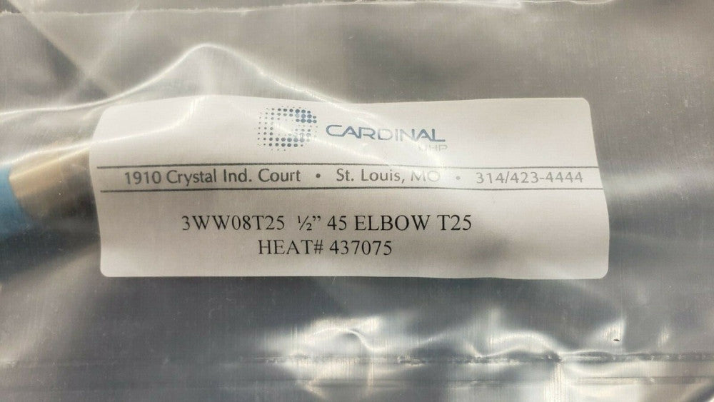 New, Cardinal UHP, 3WW08T25, Tubular Fitting, Elbow 45, 1/2", T25