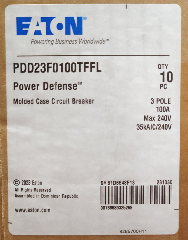 EATON PDD23F0100TFFL 3 Pole 100 AMP Type PDD2 POWER DEFENSE Circuit Breaker