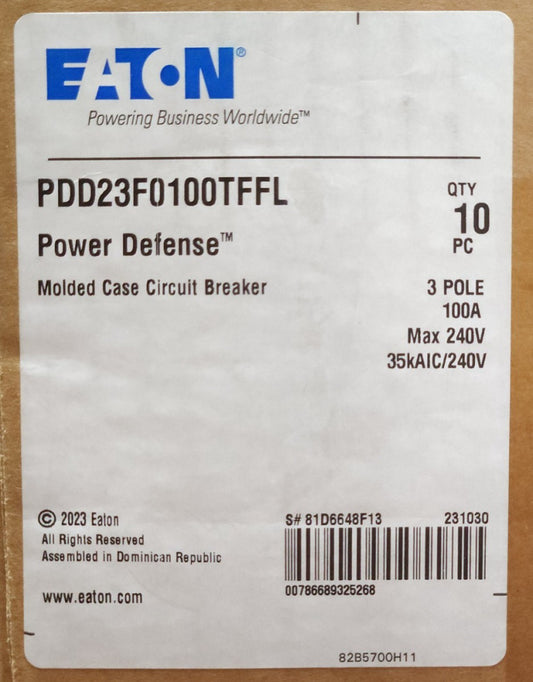 EATON PDD23F0100TFFL 3 Pole 100 AMP Type PDD2 POWER DEFENSE Circuit Breaker