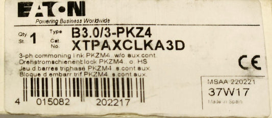 EATON MOELLER XTPAXCLKA3D 3 Phase PKZM4 Busbar Commoning Link B3.0/3 PKZ4