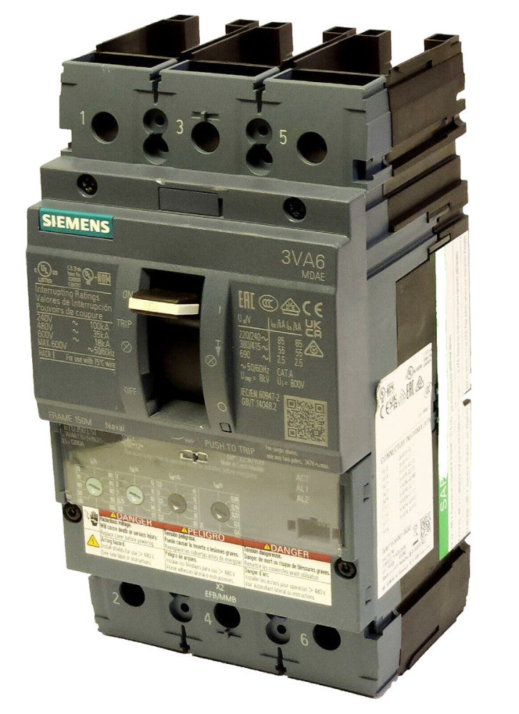 SIEMENS 3VA6110 5HN31 0AA0 3 Pole 100 AMP 3VA6 MDAE NAVAL Breaker ETU350LSI