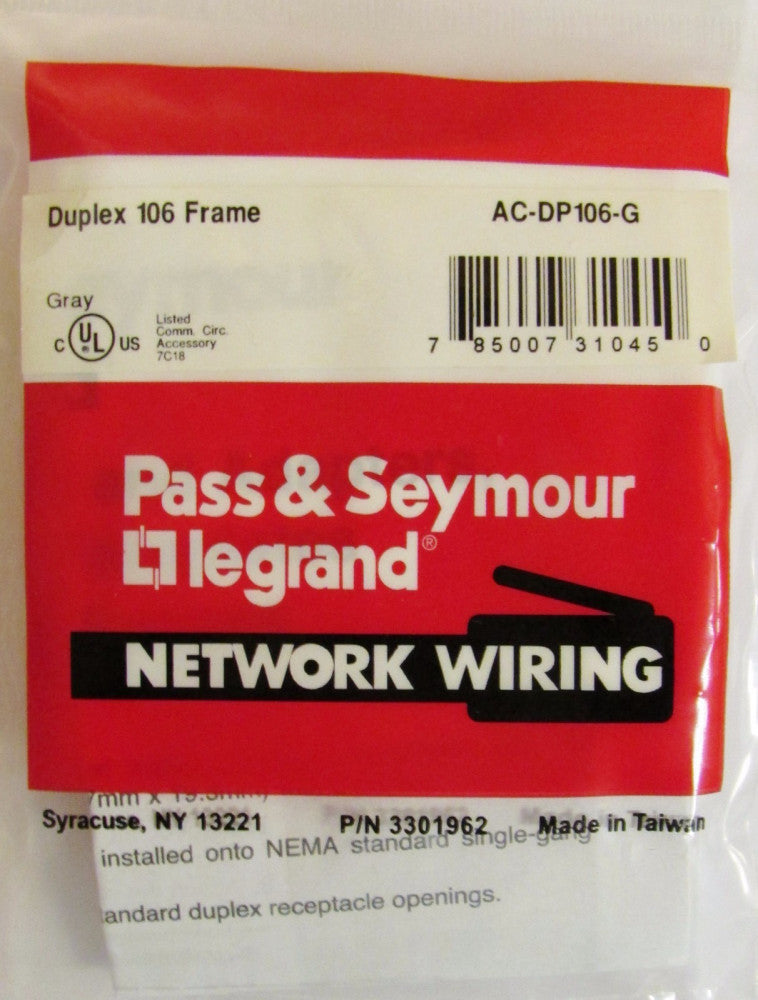 PASS & SEYMOUR LEGRAND AC DP106 G Duplex 106 Frame Gray Keystone Faceplate