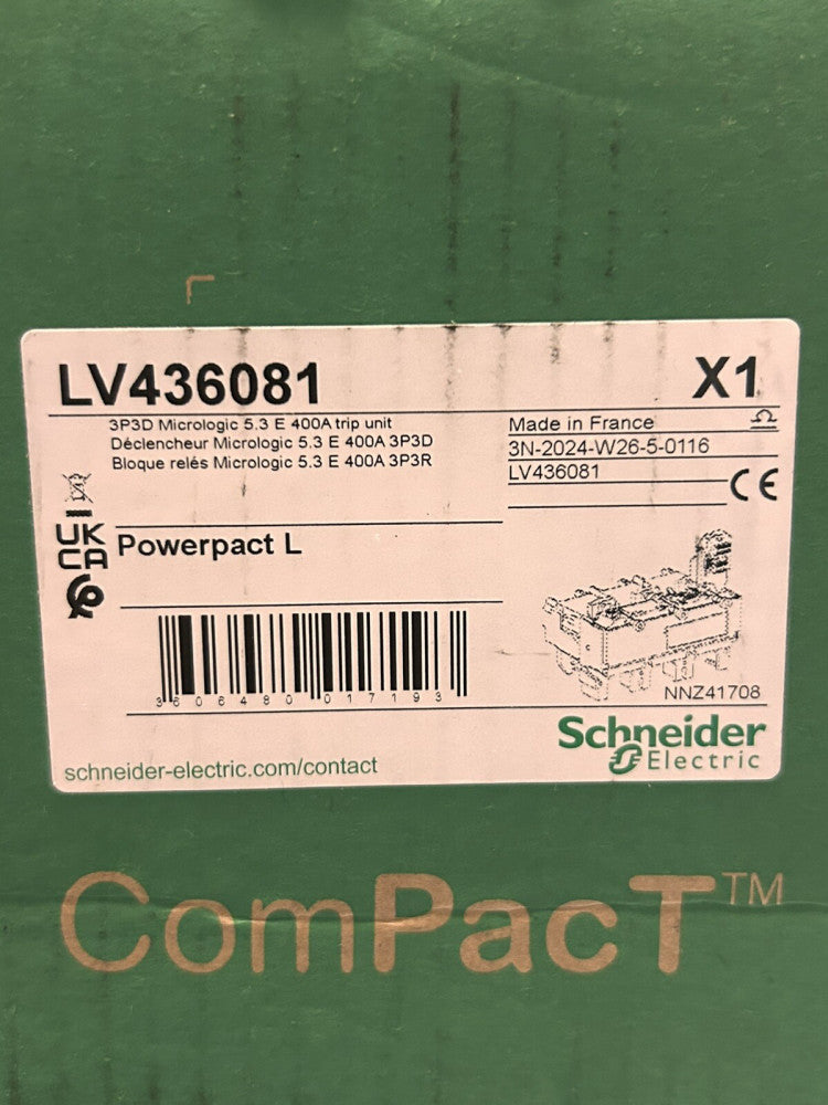 SCHNEIDER ELECTRIC LV436081 400 AMP POWERPACT L 3P3D Micrologic 5.3E Electronic