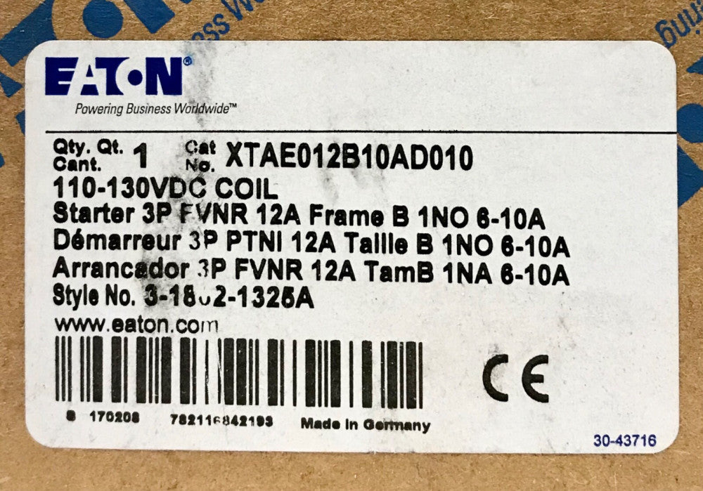 EATON XTAE012B10AD010 110-130 VDC 12 AMP FUNR Starter 6-10 AMP 3 Pole