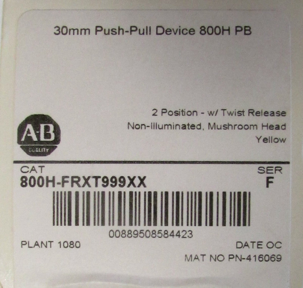 ALLEN BRADLEY 800H FRXT999XX Yellow Twist Release 2 Pos Push Pull Mushroom Head 