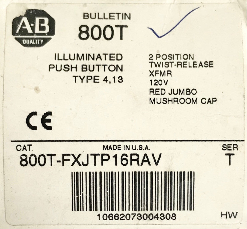 ALLEN BRADLEY 800T FXJTP16RAV 2 Position Twist Release Red Illuminated 120 VAC 