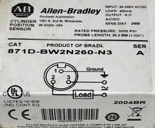 ALLEN BRADLEY 871D BW2N260 N3 Cylinder Position Sensor 20-250 VAC VDC Load 400mA
