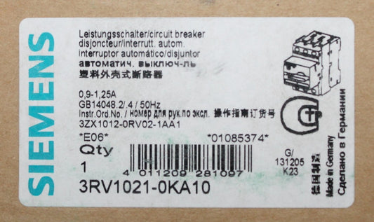 SIEMENS 3RV1021 0KA10 .9-1.25 Amp Manual Protector Circuit Breaker