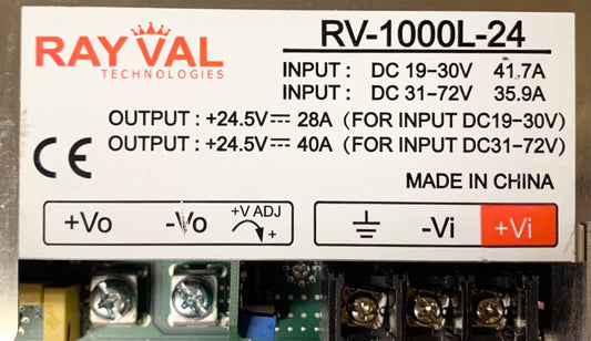 RAY VAL RV-1000L-24 DC Power Supply Input 19-72 VAC Output 24.5 VAC 28-40 AMP 
