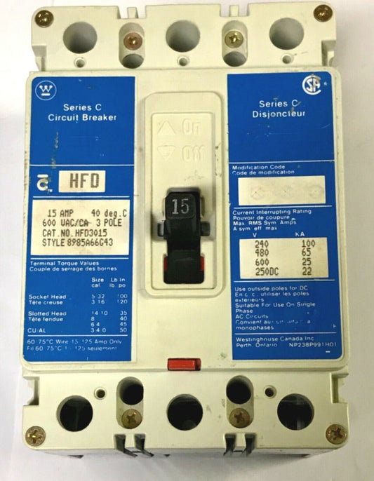 WESTINGHOUSE CUTLER HAMMER HFD3015 3 Pole 15 AMP Type HFD Circuit Breaker