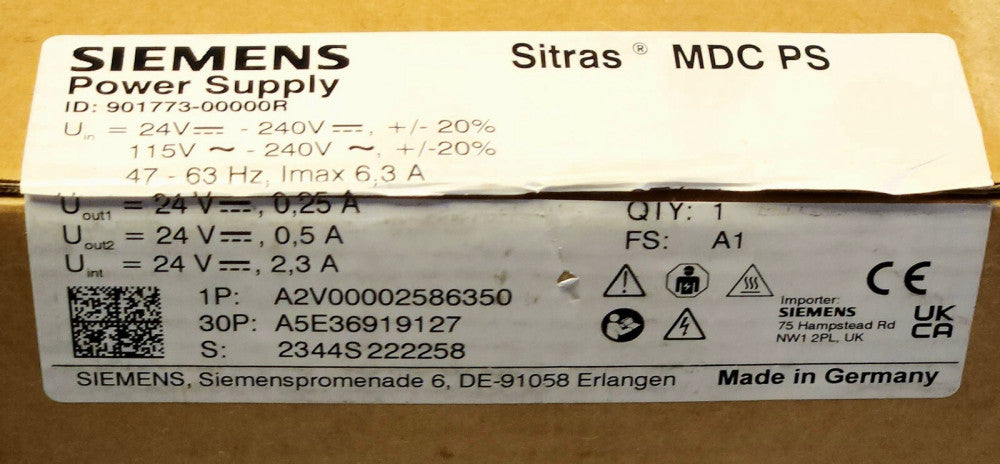 SIEMENS 901773 00000R SITRAS MDC PS POWER SUPPLY A2V00002586350 115-240 VAC