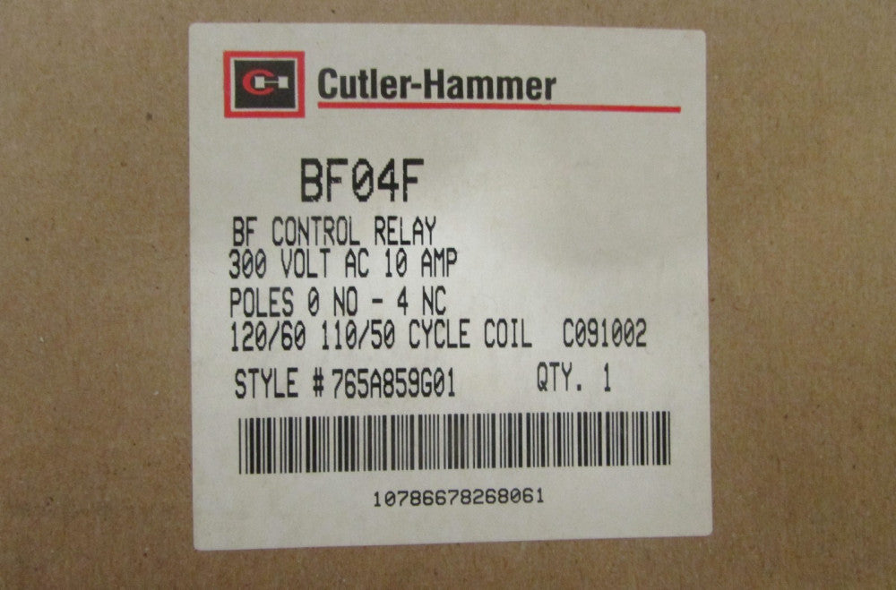 CUTLER HAMMER BF04F 10 Amp 300 V AC 4 NC Pole BF Control Relay 110 120 V Coil 