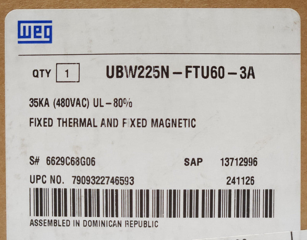 WEG UBW225N FTU60 3A 3 Pole 60 AMP UBW225 Circuit Breaker 35 KA 480 VAC
