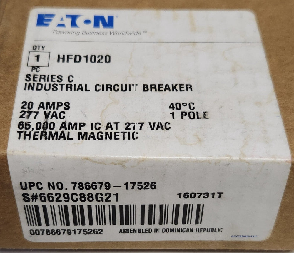 EATON CUTLER HAMMER HFD1020 Single Pole 20 AMP Type HFD Circuit Breaker