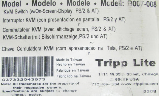 Tripp Lite 8 Port Rackmount KVM Switch M./On Display Model B007 008
