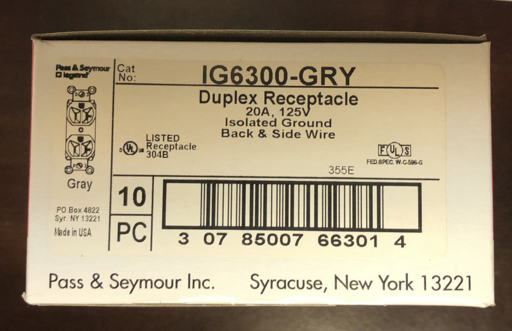 BOX OF 10 PASS SFYMOUR LEGRAND IG6300 GRY 20 AMP 125 VAC Duplex Receptacle Grey