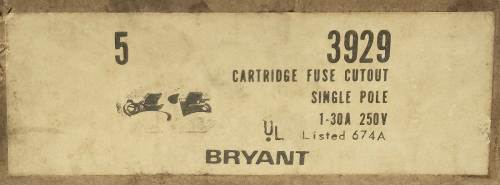BOX OF 5 BRYANT 3929 Single Pole PORCELAIN Fuse Holder 1-30 AMP 250 VAC 674A