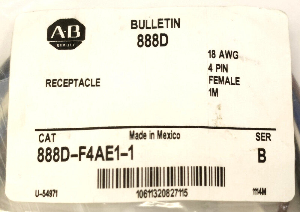 ALLEN BRADLEY 888D F4AE1 Female 18 AWG 4 PIN 1M Receptacle Cable
