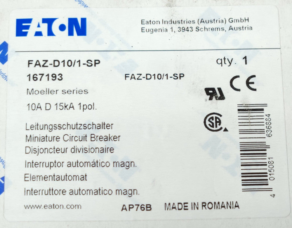EATON FAZ D10 1 SP Single Pole 10 AMP XEFFECT Miniature Circuit Breaker FAZ D10