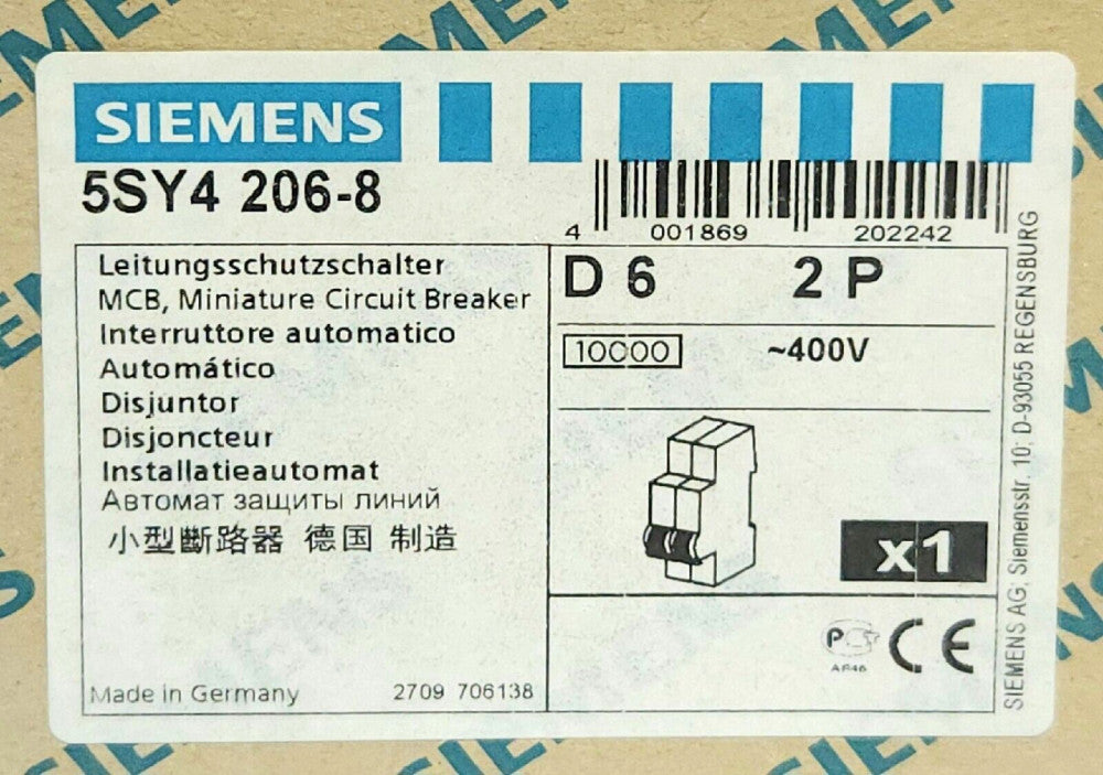 SIEMENS 5SY4 206-8 2 Pole 6 AMP Miniature Circuit Breaker