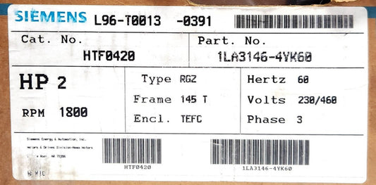 SIEMENS HTF0420 1LA3146 4YK60 STANDARD TEFC 3 PHASE INDUCTION MOTOR 2 HP 1800 RP
