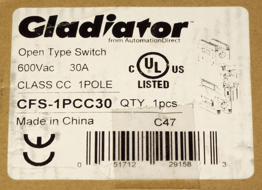 GLADIATOR CFS 1PCC30 OPEN TYPE 30 AMP Switch 600 VAC 1 Pole Class CC