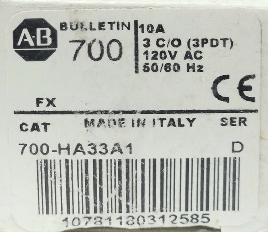 ALLEN BRADLEY 700 HA33A1 Control Relay 11 Pin 120 VAC 3 C/O 3PDT