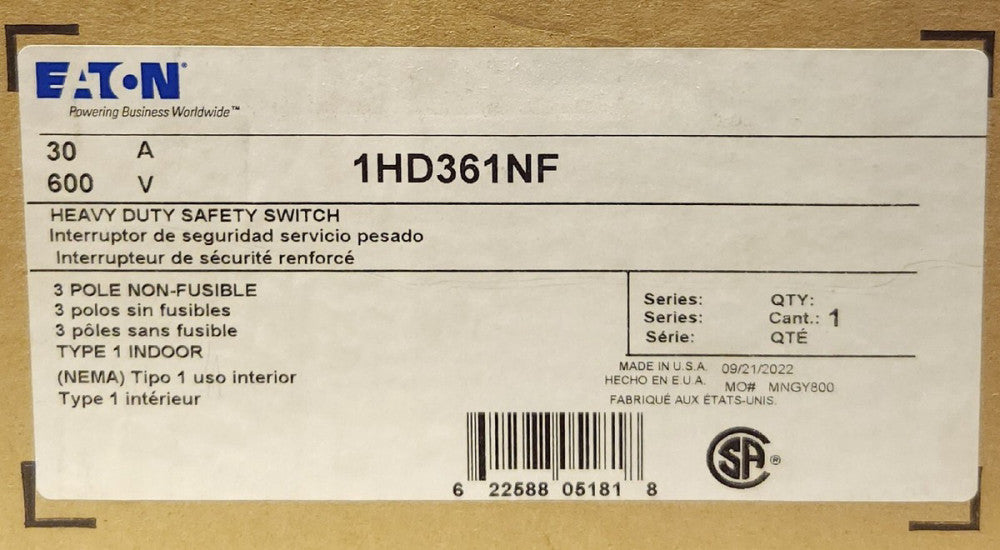 EATON CUTLER HAMMER 1HD361NF 30 AMP 600 VAC Nema 1 Safety Switch Indoor 3 Pole