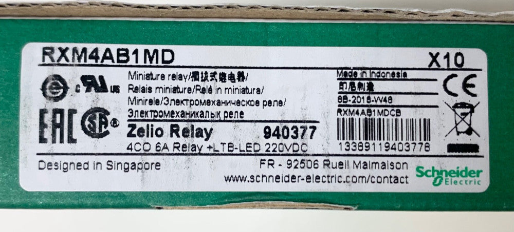 1 Box of 10 SCHNEIDER ELETRIC RXM4AB1MD ZELIO Miniature Relay 220 VDC 4CO 6 AMP 