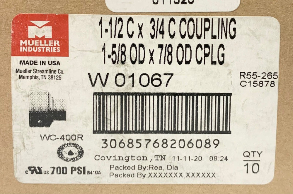 BOX OF (10) MUELLER 1 - 1/2 C X 3/4 C Coupling WO1O67 1 - 5/8 OD X 7/8 OD