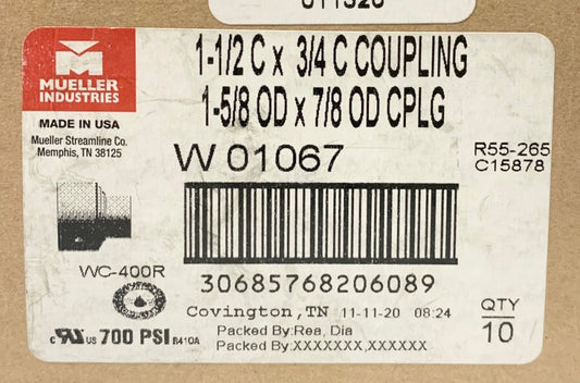 BOX OF (10) MUELLER 1 - 1/2 C X 3/4 C Coupling WO1O67 1 - 5/8 OD X 7/8 OD