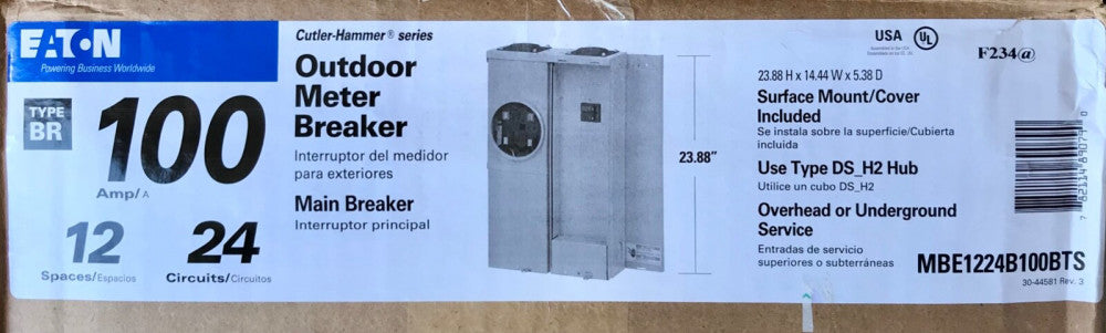 EATON MBE1224B100BTS 100 AMP Type BR Outdoor Meter Breaker Base Enclosure 