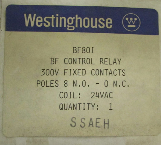 WESTINGHOUSE BF80I 8 Pole N.O. Contacts 300 V BF Control Relay 24 VAC Coil