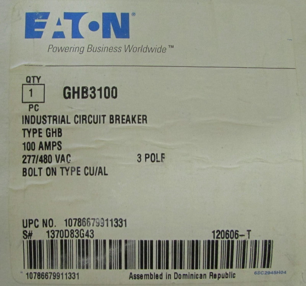 EATON CUTLER HAMMER GHB3100 3 Pole 100 Amp GHB Breaker