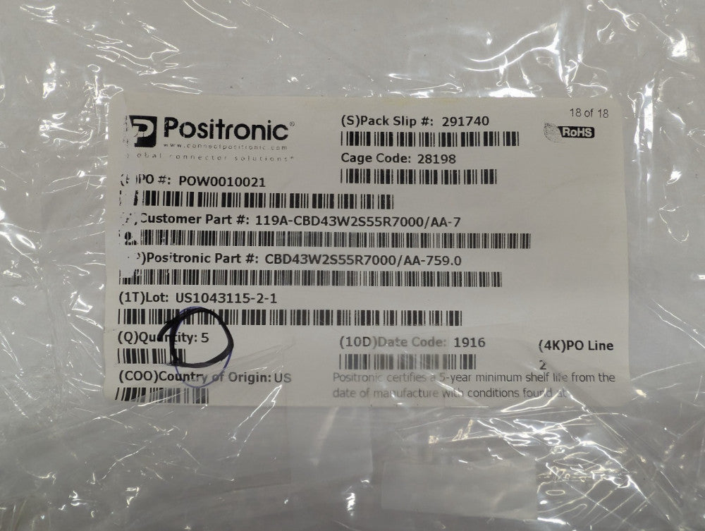 New, Positronic, CBD43W2S55R7000/AA-759.0, RIGHT ANGLE MOUNT CONN 