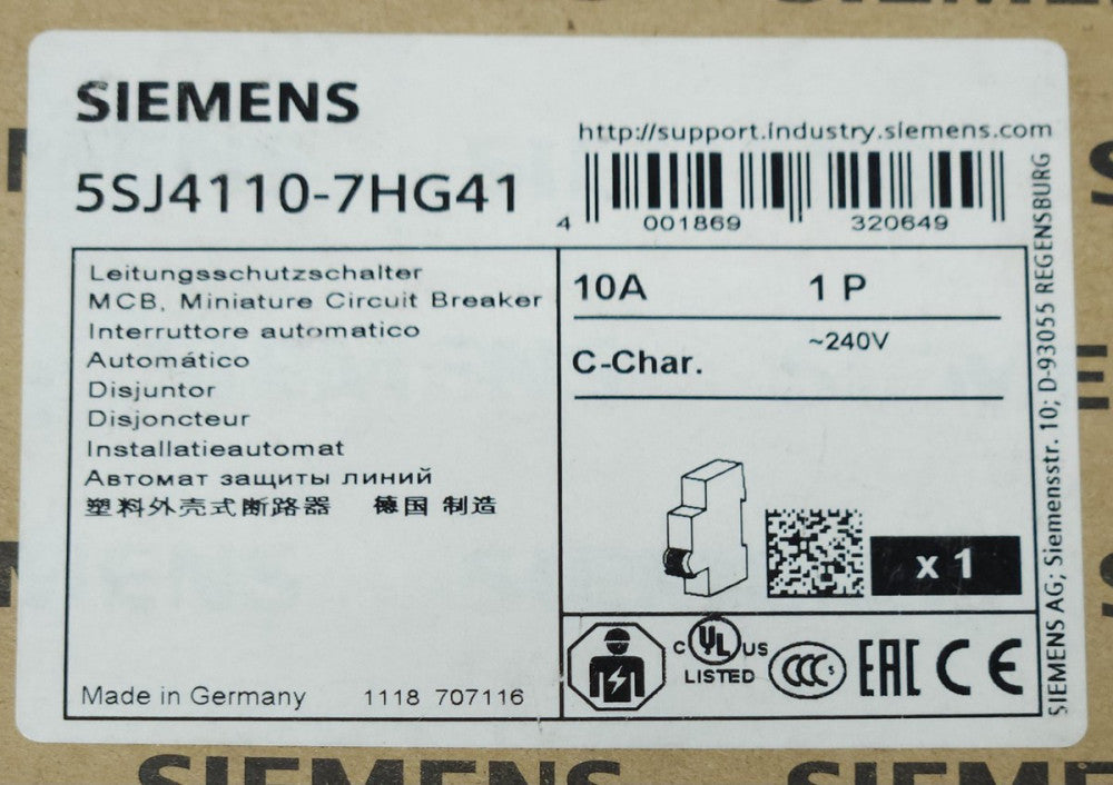 SIEMENS 5SJ4110 7HG41 Single Pole 10 AMP 240 VAC MCB Miniature Circuit Breaker